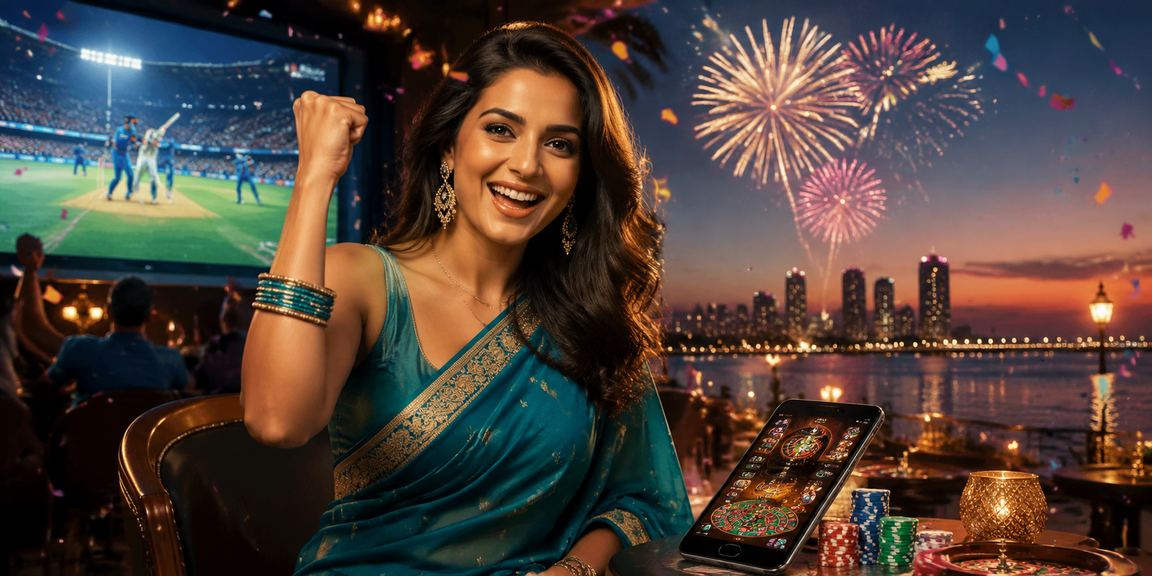 Indian woman celebrating cricket win wearing traditional saree